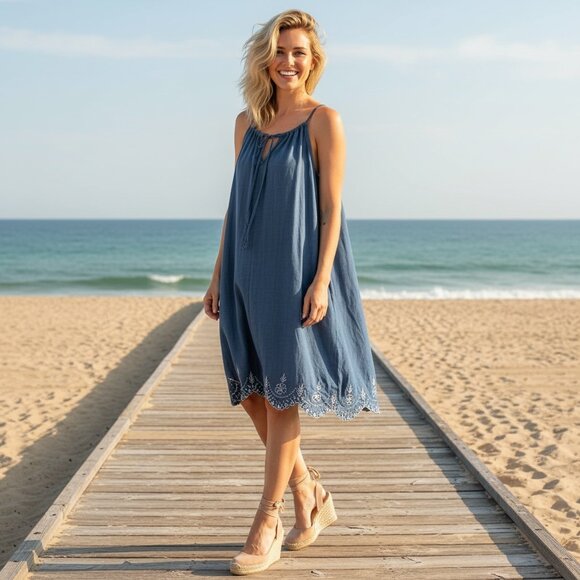 Tommy Bahama Dresses & Skirts - Tommy Bahama‎ Dress - Chambray / Denim Sundress, Asymmetrical Hem w/Embroidery.